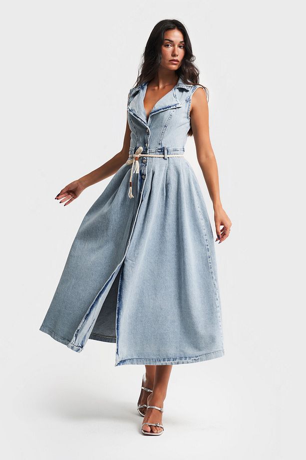 Kadın Snow Kot Rengi Kemer Detaylı Maxi A Tipi Denim Elbise - 6