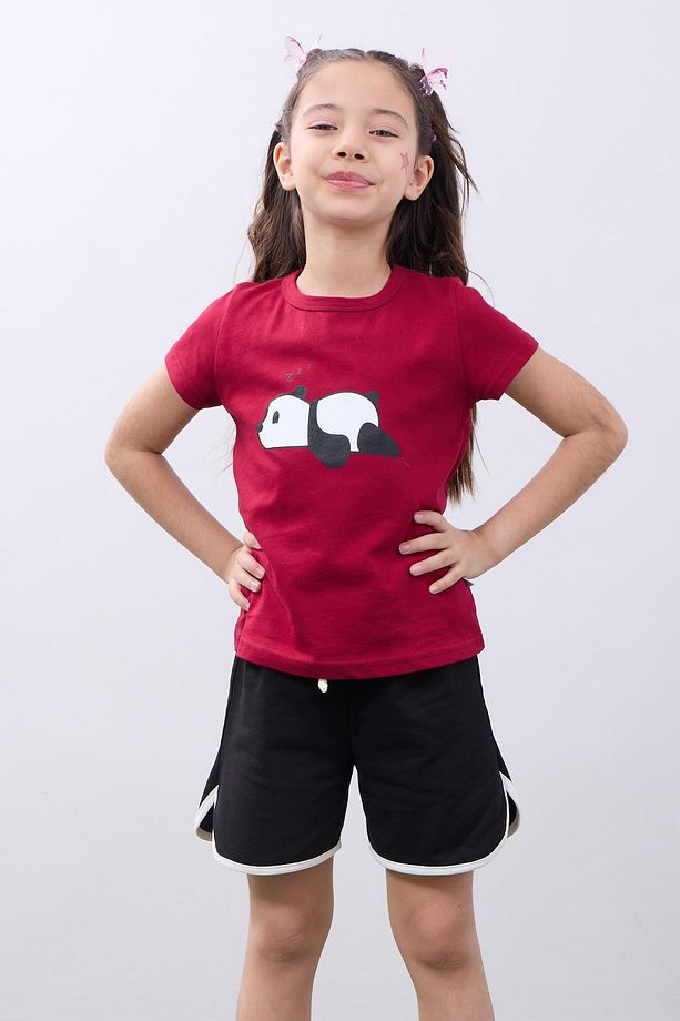 Kız Çocuk Vişne Panda Baskılı Kısa Kollu Tişört ve Siyah Şort Takımı - 5