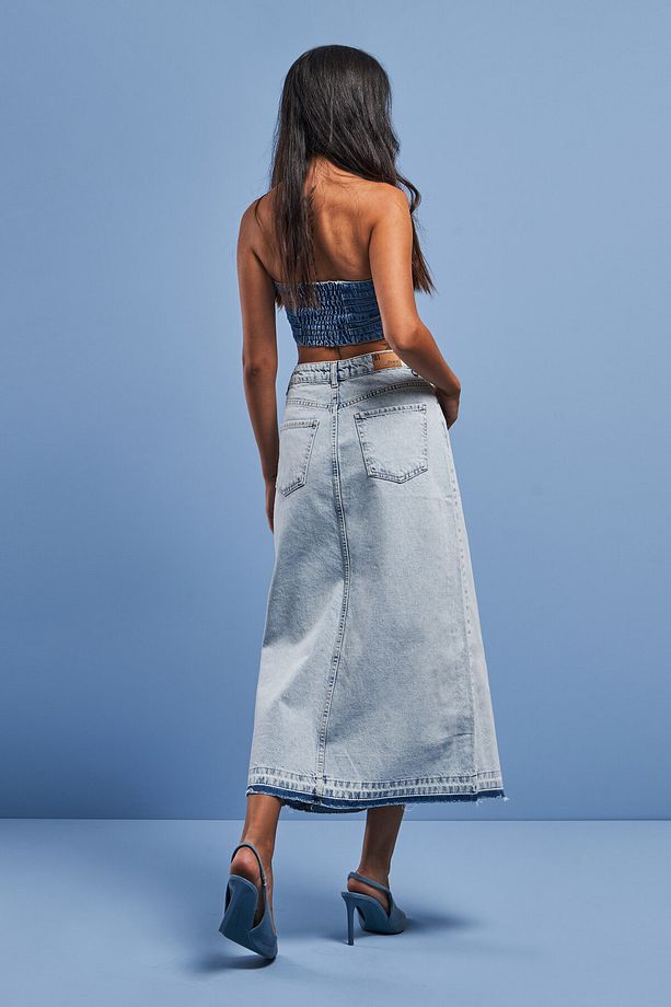 Kadın Snow Kot Rengi Derin Yırtmaçlı Yüksek Bel Uzun Denim Etek - 7
