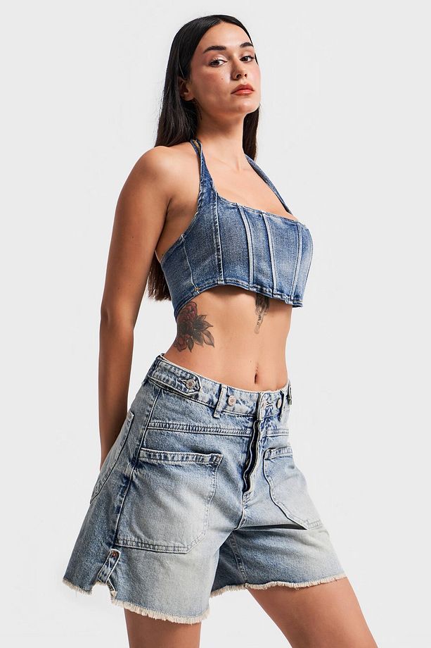 Kadın Tint Kot Rengi Kemer Detaylı Önden Cepli Denim Şort - 7