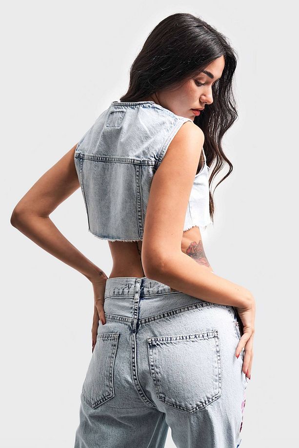Kadın Snow Kot Rengi Önü Düğmeli Crop Denim Yelek - 4