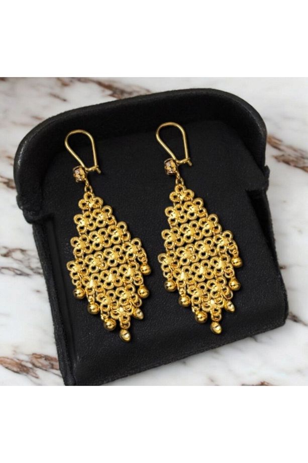 Küpe Altın Gold Sallantılı Geniş Gold Küpe Uzun Boy Akıtma Küpe Gerçek Altın Renginde Gold Küpe - 2