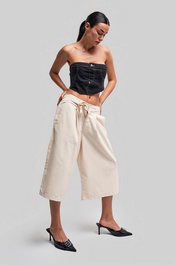 Kadın Raw Renk Bağcıklı Bol Kesim Maxi Boy Bermuda Denim Şort - 3