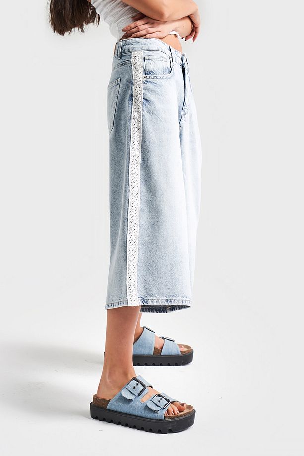 Kadın Ice Kot Rengi D-4S5-3 Süper Baggy Fit Dantel Şeritli Maxi Boy Denim Şort - 5