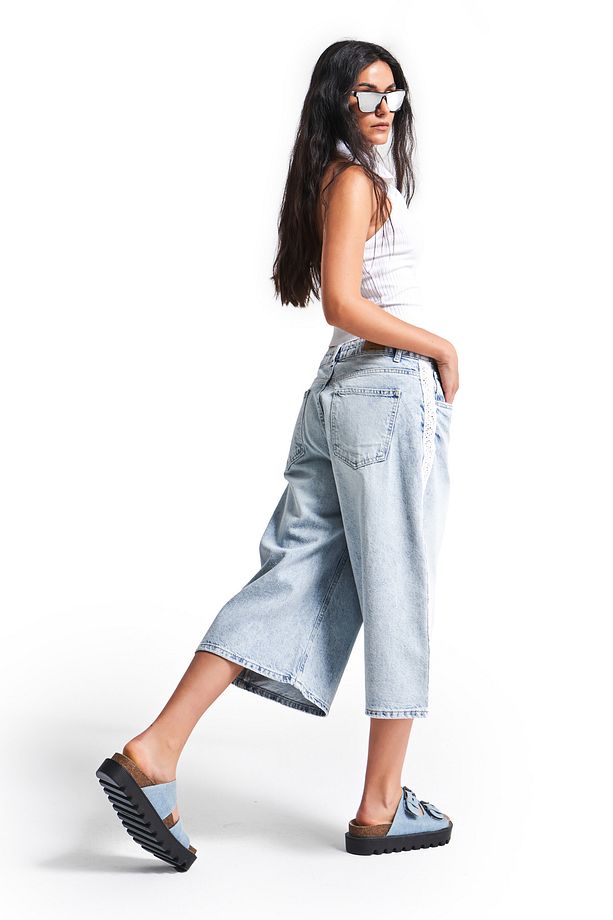 Kadın Ice Kot Rengi D-4S5-3 Süper Baggy Fit Dantel Şeritli Maxi Boy Denim Şort - 6