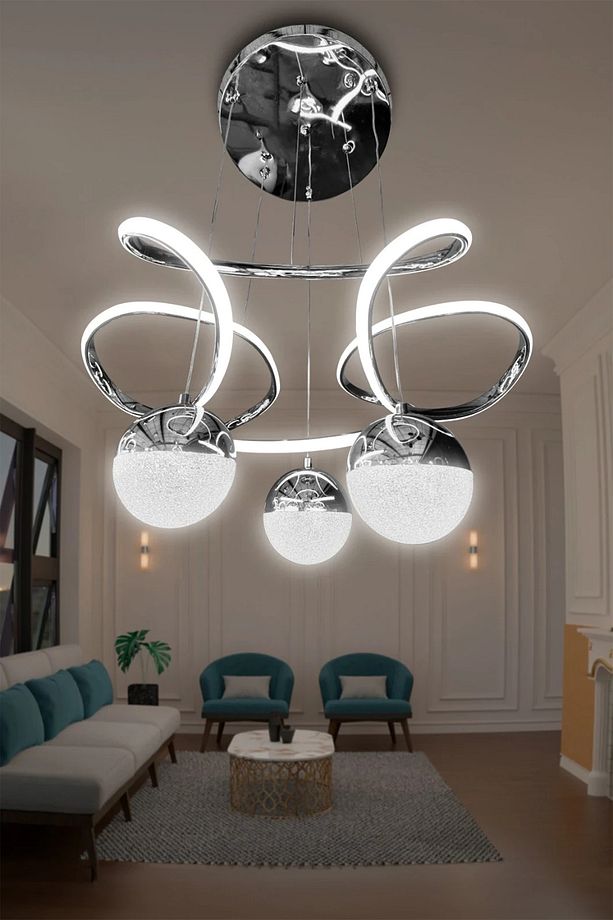 Dron 3 Top Modern Sarkıt Led Avize - 3 Renk Kumandasız Krom - 2