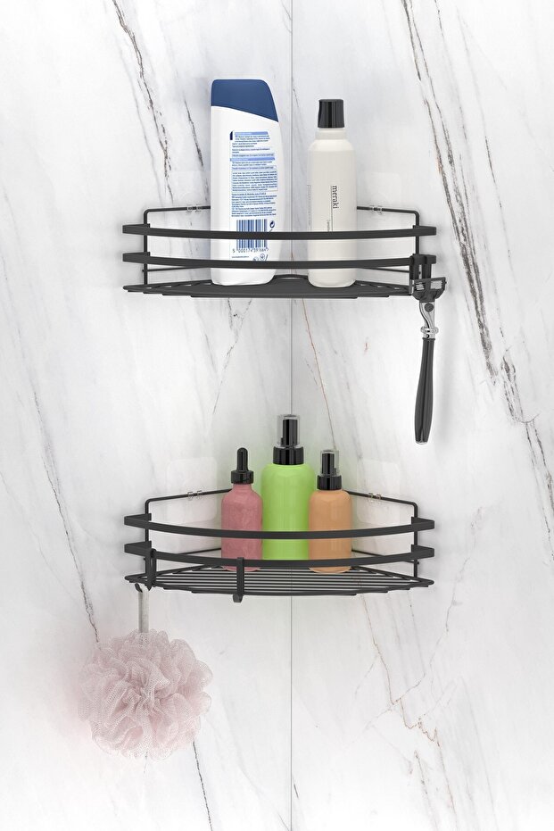 Bathroom Organizer Shampoo Holder with Adhesive Hooks 2 Pieces Bathroom Corner Shelf Matte Black St207H
