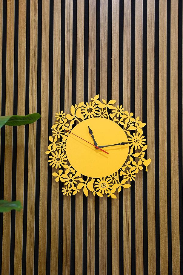Erdizden Çiçek ve Kuş Desenli Lazer Kesim Mdf Duvar Saati - 1