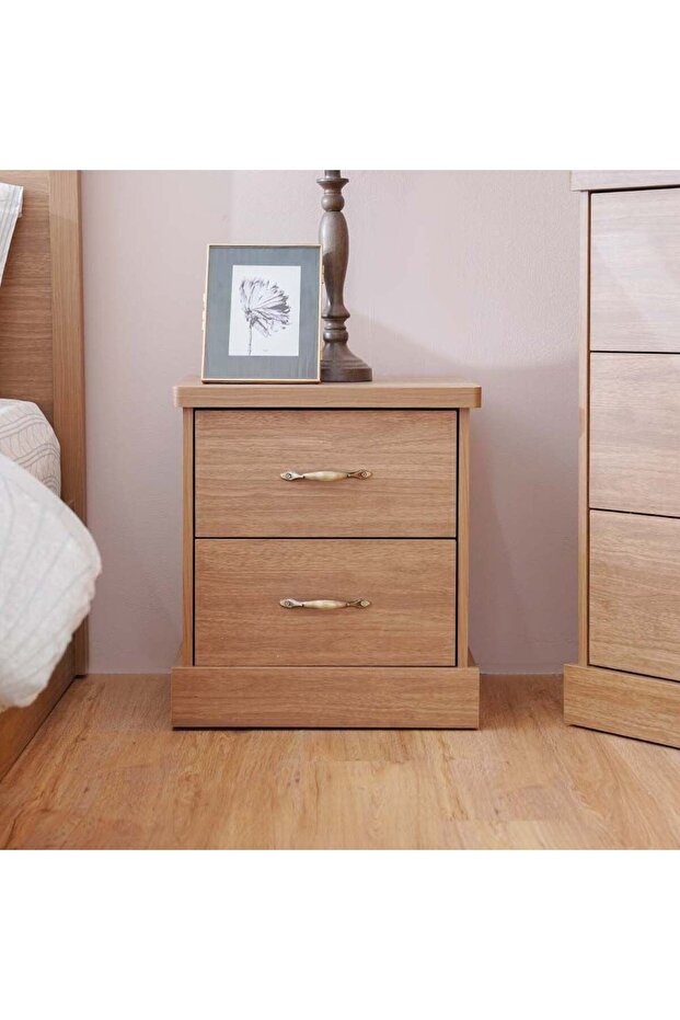 Zirco 2 Drawer Night Stand Multifunctional Bedside Table-Brown Oak L46xW39xH51.4cm