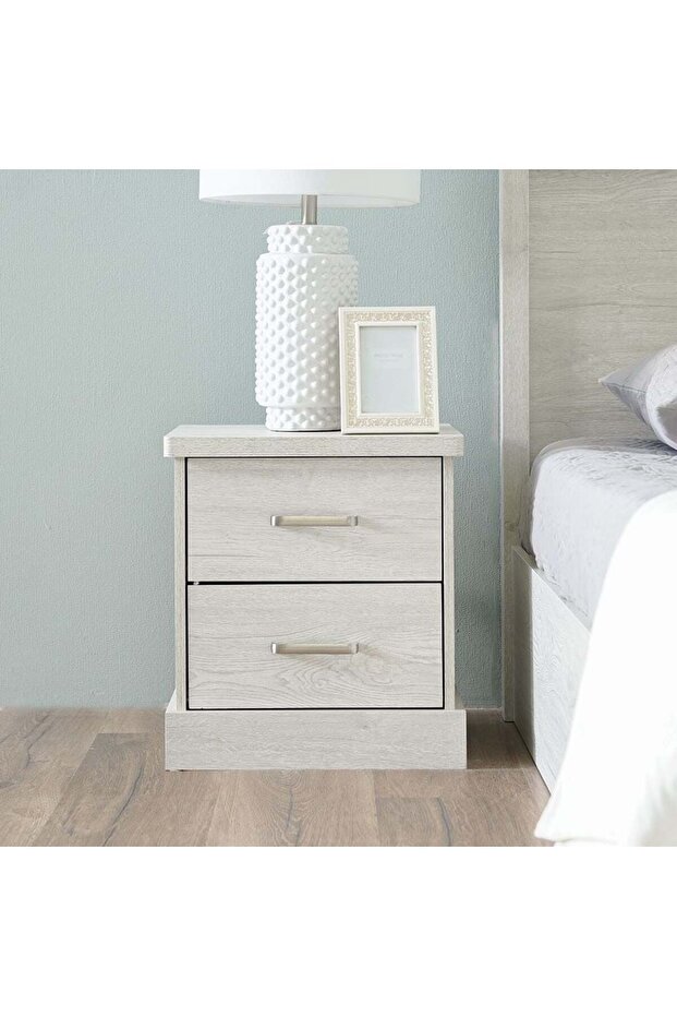 Zirco 2 Drawer Night Stand Multifunctional Bedside Table-White Oak L46xW39xH51.4cm
