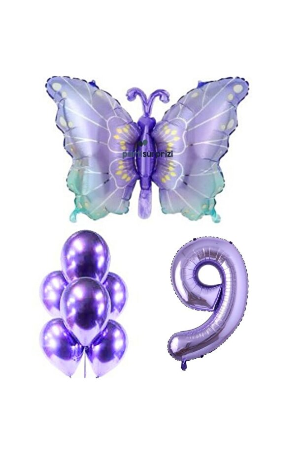 Purple Butterfly 9 Year Old Foil Balloon Set