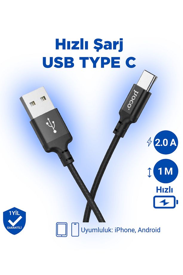 X14 3a Iphone Android Uyumlu Type-c To Usb Hızlı Şarj Veri Kablosu Siyah 1 Metre - 1