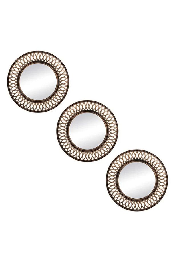 Dekoratif Duvar Aynası 3'lü Set - Hasır Tasarımlı Bronz Rengi - Ø24,5cm - 2
