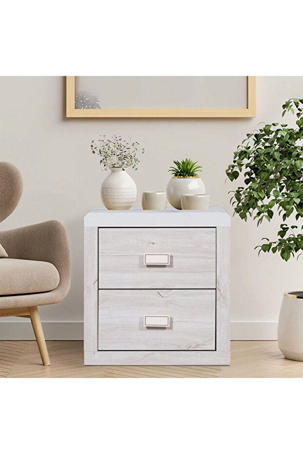 Tisley 2 Drawer Night Stand Multifunctional Bedside Table-Light Oak/White Faux Marble L40xW48xH50cm