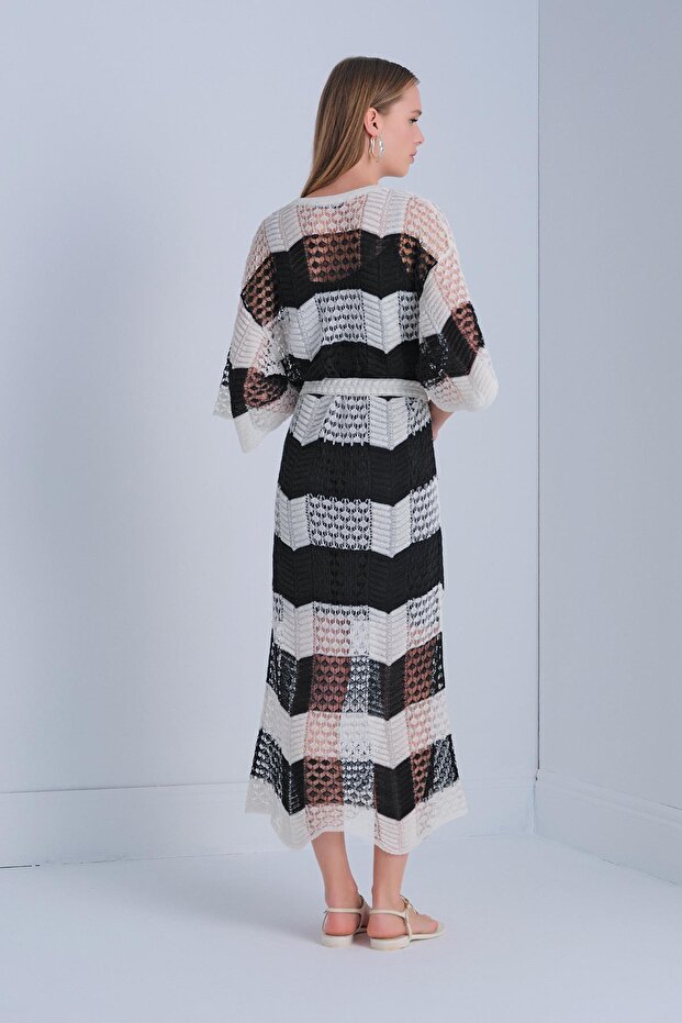 V Yaka Astarlı Kuşaklı Multi Elbise - 6