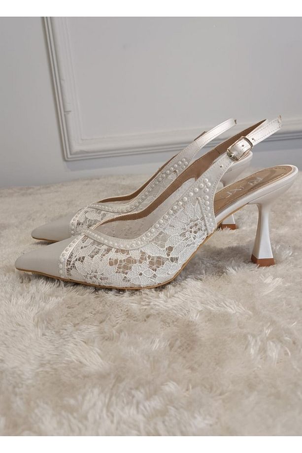 Lace Dantel Ve Inci Taş Detaylı Sivri Burun 8 Cm Kadeh Topuk Gelin Ayakkabısı - 6