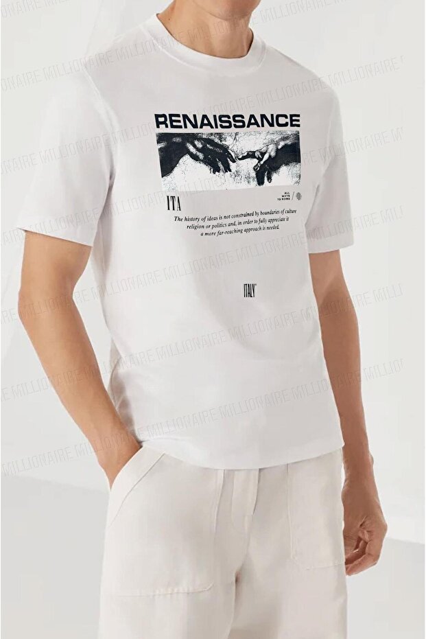 تي شيرت رجالي باللون الأبيض Ecru Renaissance ذو مقاس عادي وقصة عادية