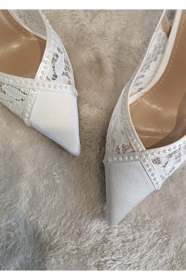 Lace Dantel Ve Inci Taş Detaylı Sivri Burun 8 Cm Kadeh Topuk Gelin Ayakkabısı - 8