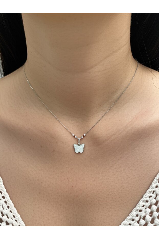 Boxed Women's Silver Color Butterfly Figured Steel Necklace