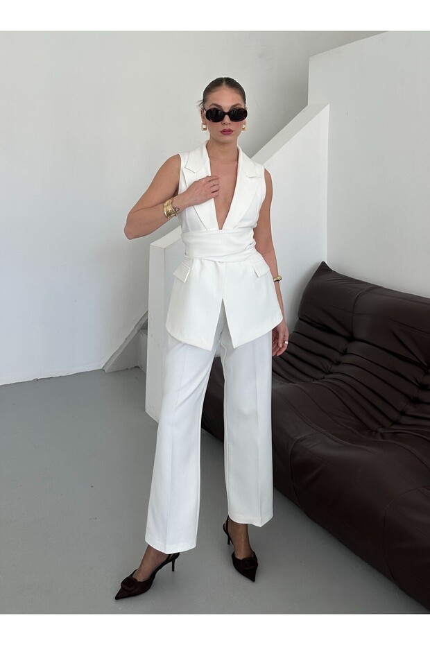 White Eliana Belted Vest Pants Set - 2786