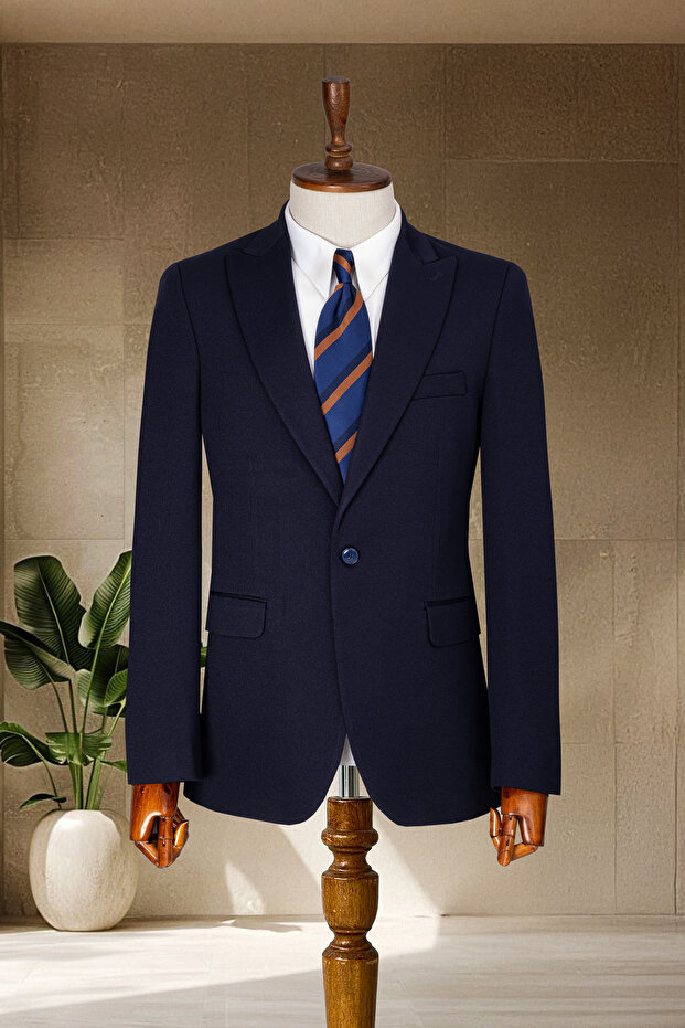 Navy Blue Textured Italian Style Slim Fit Men's Blazer Jacket
