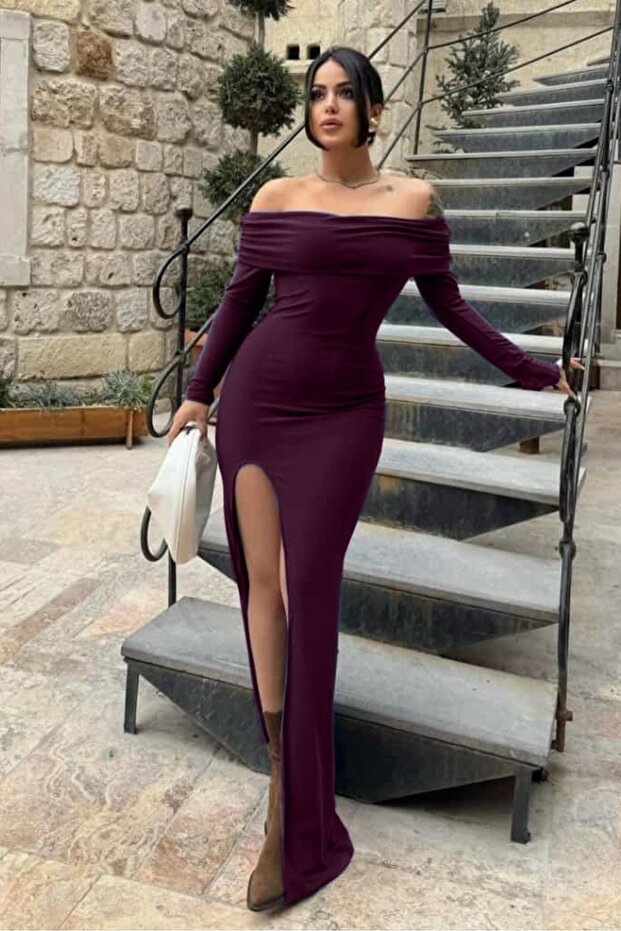 Madonna Yaka Yırtmaçlı Uzun Elbise Parti Elbisesi Gece Elbisesi Mezuniyet Elbisesi Maxi Elbise - 1