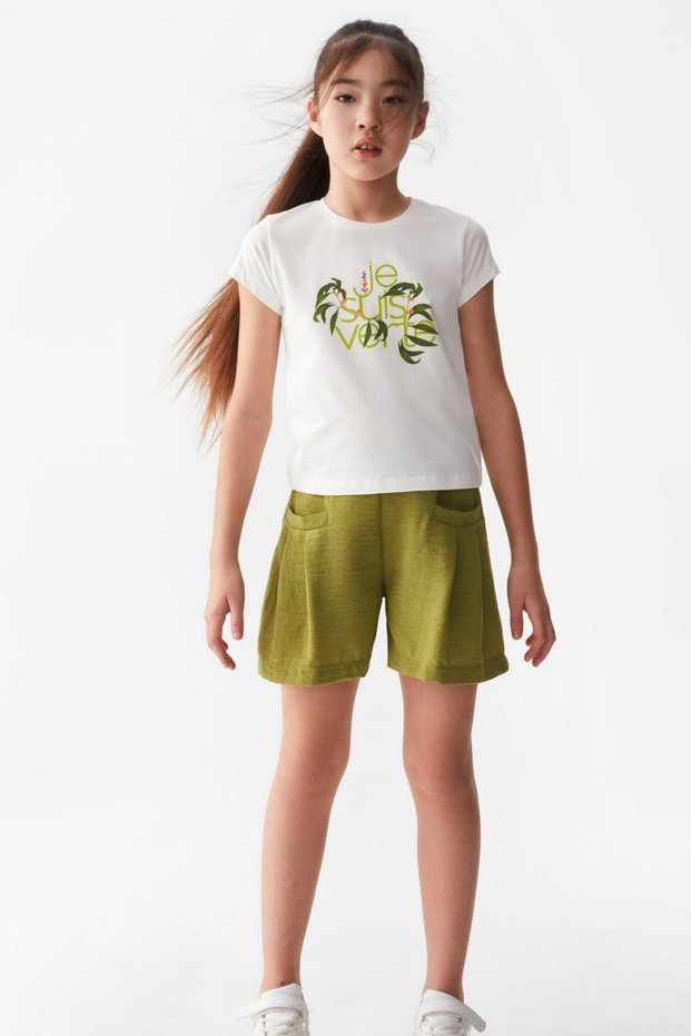 Girl's Printed Short Sleeve T-Shirt 34482 Cream