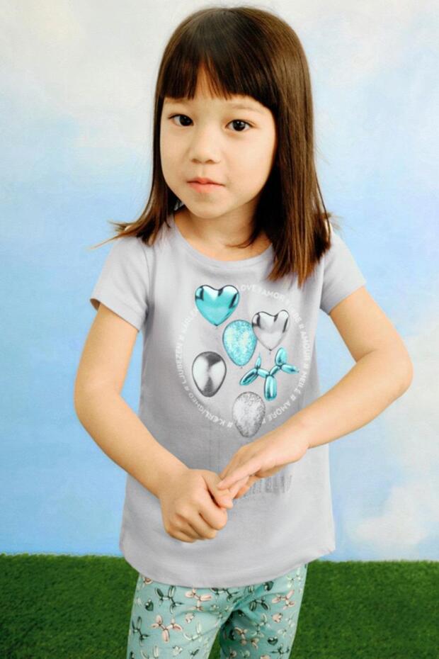 Girl's 3-10 Years Old Patterned Short Sleeve T-Shirt 3014 Gray