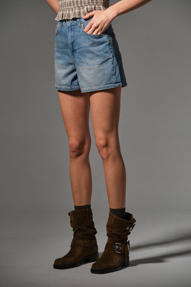 Kadın Mini Jean Şort, Yüksek Bel, Fermuarlı, 5 Cep %100 Pamuk Denim Kot @potenza - 4