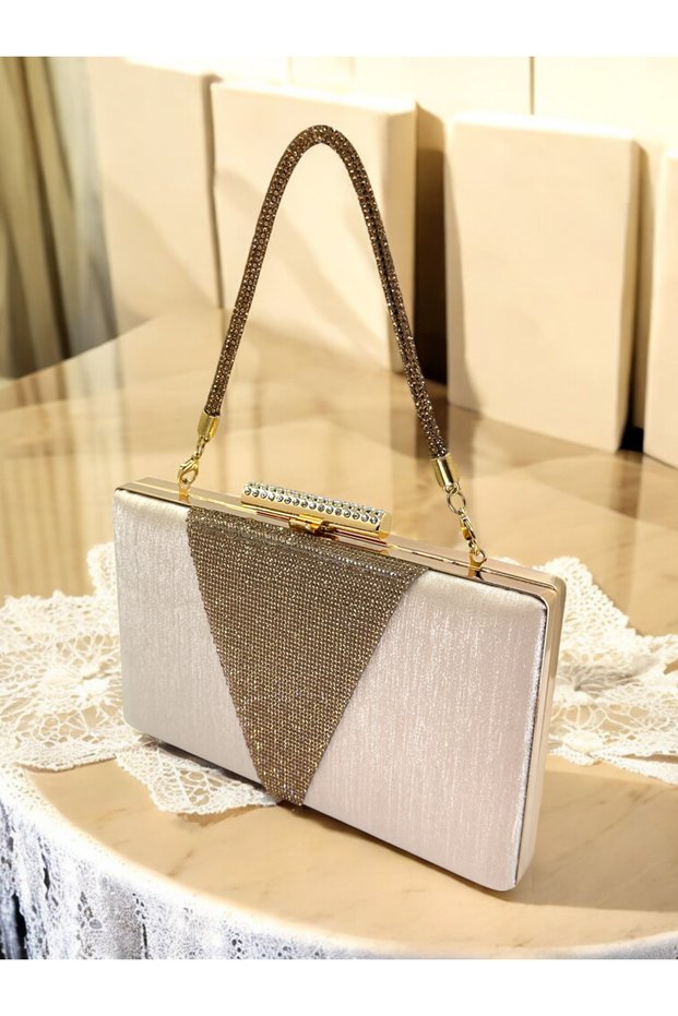 Skin Nude Stone Handle Silvery Satin Gold Crystal Stone Decorated Women's Evening Dress Bag