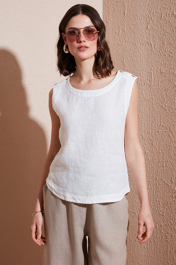Regular Fit Round Neck Oval Cut Linen Top Top 6251714