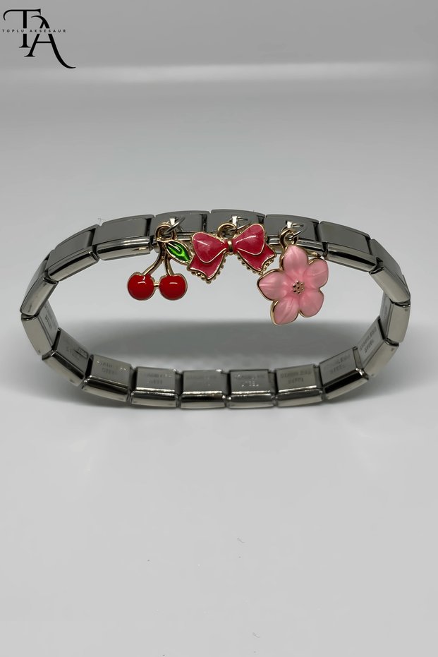 Italian Charm Steel Women's Bracelet – Cherry Ribbon Sakura Charm Gift