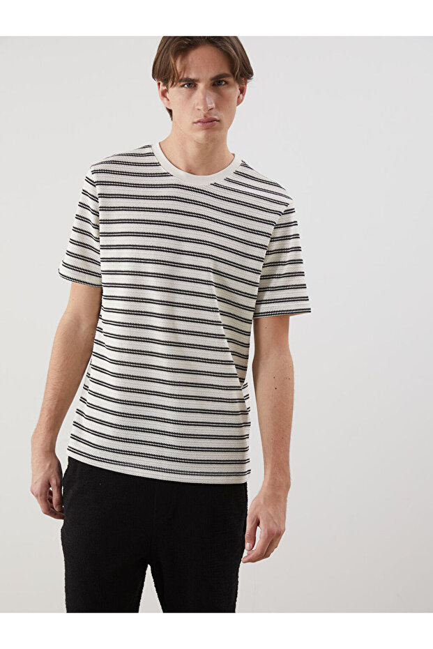 Xside Black Crew Neck Striped Men's T-Shirt
