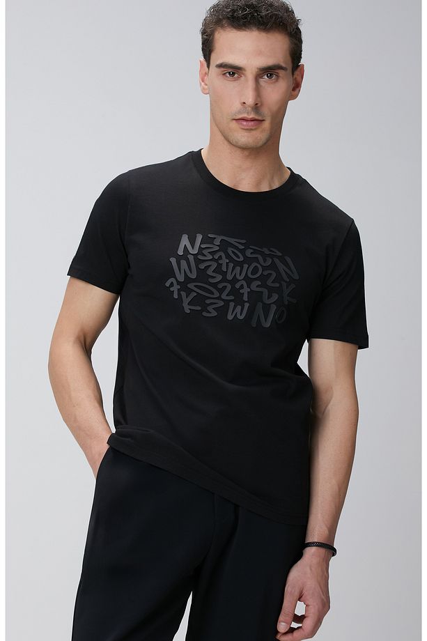 Siyah Network Baskılı Örme T-shirt - 2