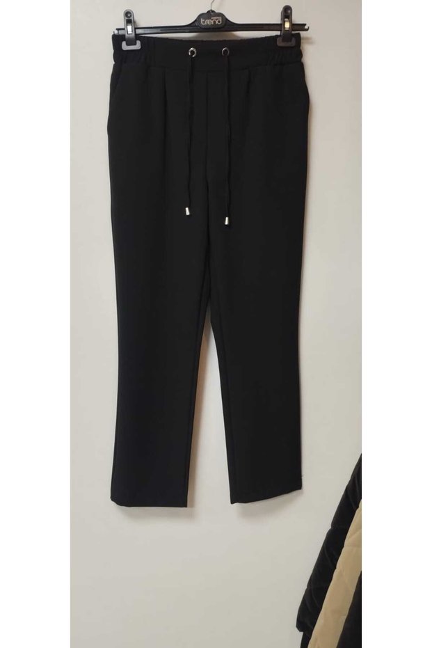 Black Elastic Waist Pipe Leg Fabric Trousers