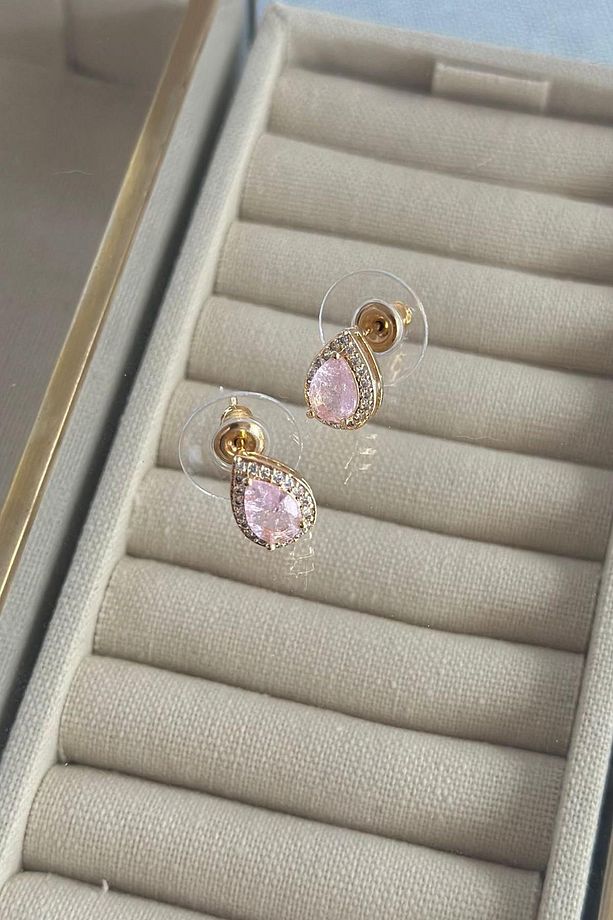Zirkon Taş Detaylı Tek Taş Damla Minimal Küpe Pembe - 5