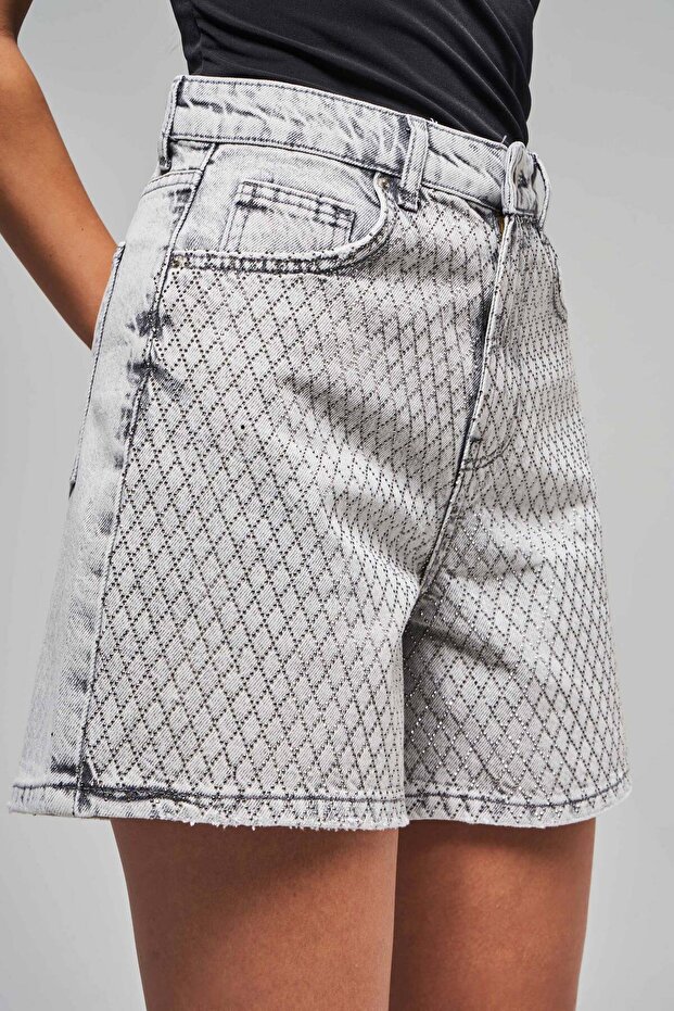 Women's Gray Color Diana T-4S5-12 Shiny Rhinestone Mom Fit Midi Length Design 100% Cotton Denim Shorts
