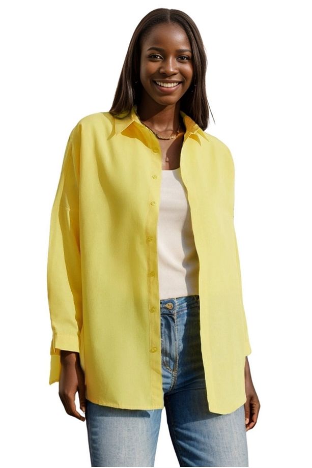Kadın Sarı Oversize Uzun Basic Gömlek - 1