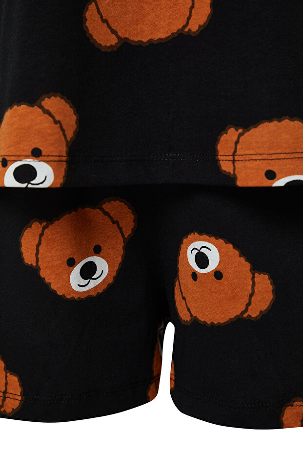 Kadın Family/Aile Siyah %100 Pamuklu Ayıcıklı Şortlu Örme Pijama Takımı THMSS23PT00005 - 10