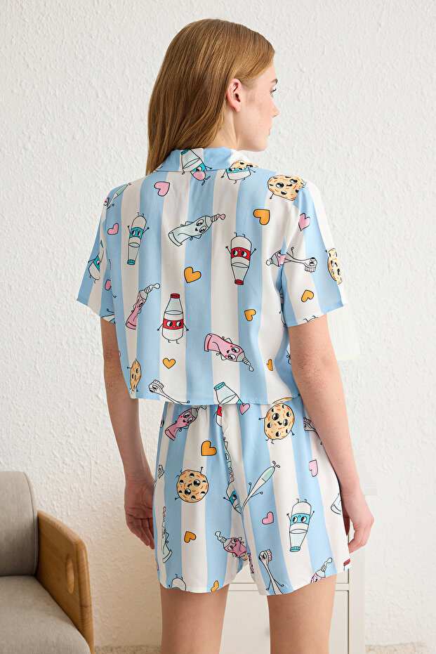 Kadın Mini Me/Anne Kız Açık Mavi Eğlence Desenli Viskon Şortlu Dokuma Pijama Takımı THMSS22PT0069 - 7