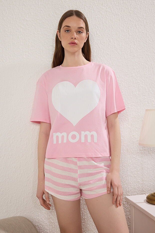 Kadın Mini Me/Anne Kız Pembe %100 Pamuklu Çizgili Kalpli Şortlu Örme Pijama Takımı THMSS25PT00343 - 4