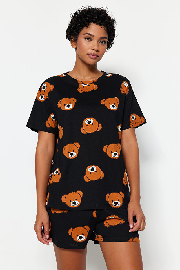 Kadın Family/Aile Siyah %100 Pamuklu Ayıcıklı Şortlu Örme Pijama Takımı THMSS23PT00005 - 4