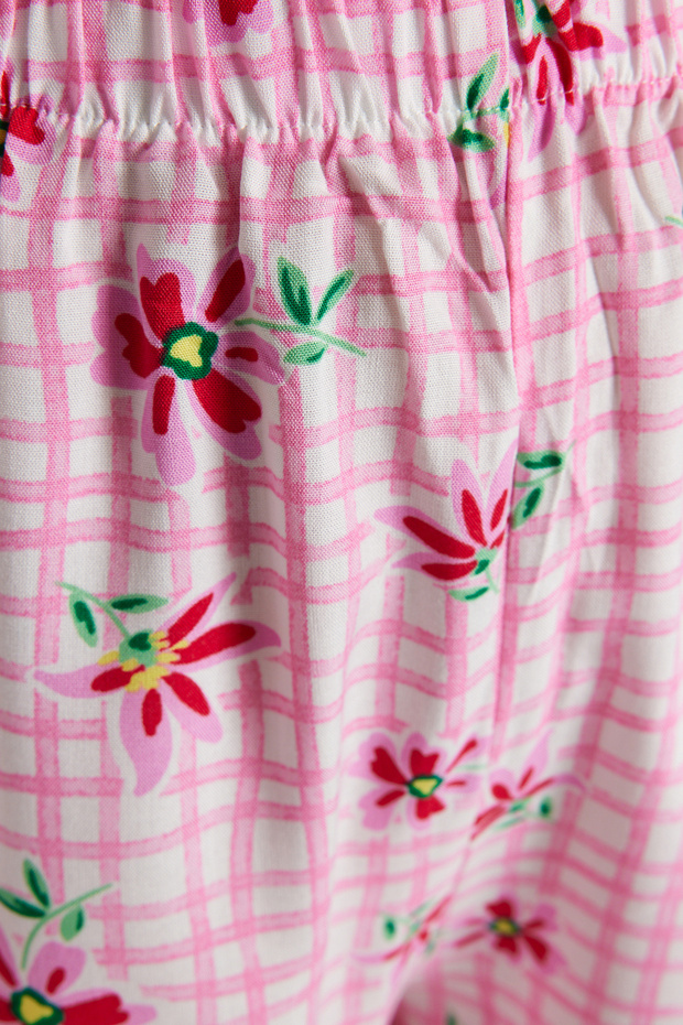 Kadın Mini Me/Anne Kız Pembe Çiçekli Fırfırlı Viskon Şortlu Dokuma Pijama Takımı THMSS23PT00167 - 8