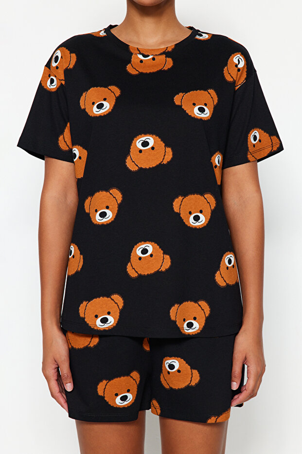 Kadın Family/Aile Siyah %100 Pamuklu Ayıcıklı Şortlu Örme Pijama Takımı THMSS23PT00005 - 6