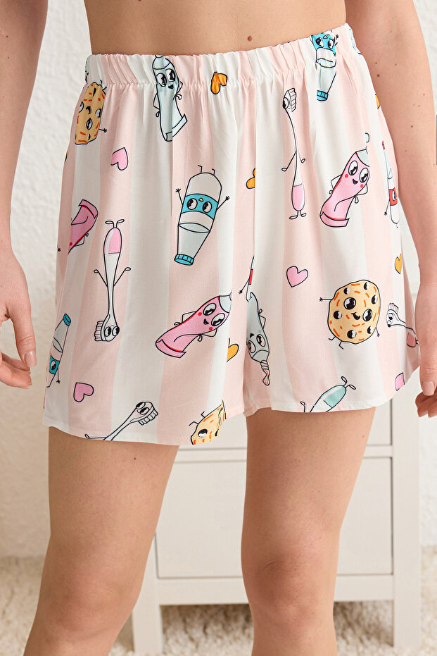 Kadın Mini Me/Anne Kız Çok Renkli Eğlence Desenli Viskon Şortlu Dokuma Pijama Takımı THMSS22PT0069 - 5