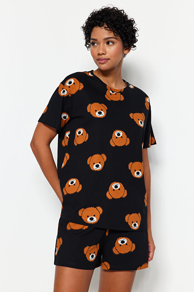 Kadın Family/Aile Siyah %100 Pamuklu Ayıcıklı Şortlu Örme Pijama Takımı THMSS23PT00005 - 5