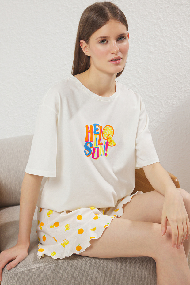 Kadın Mini Me/Anne Kız Beyaz %100 Pamuklu Meyve Desenli Şortlu Örme Pijama Takımı THMSS25PT00295 - 4