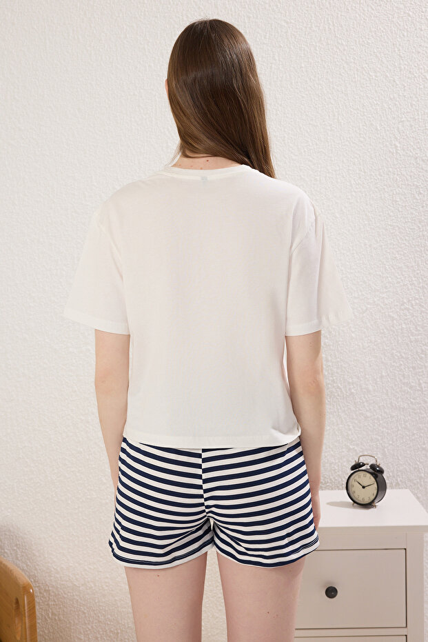 Kadın Mini Me/Anne Kız Lacivert %100 Pamuklu Kiraz-Çizgili Şortlu Örme Pijama Takımı THMSS25PT00296 - 6