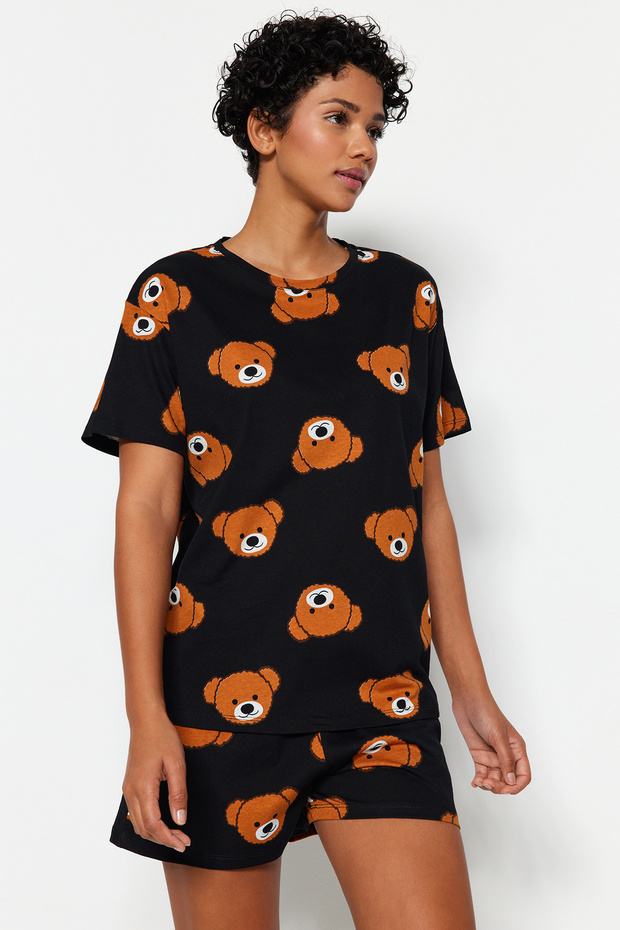 Kadın Family/Aile Siyah %100 Pamuklu Ayıcıklı Şortlu Örme Pijama Takımı THMSS23PT00005 - 3
