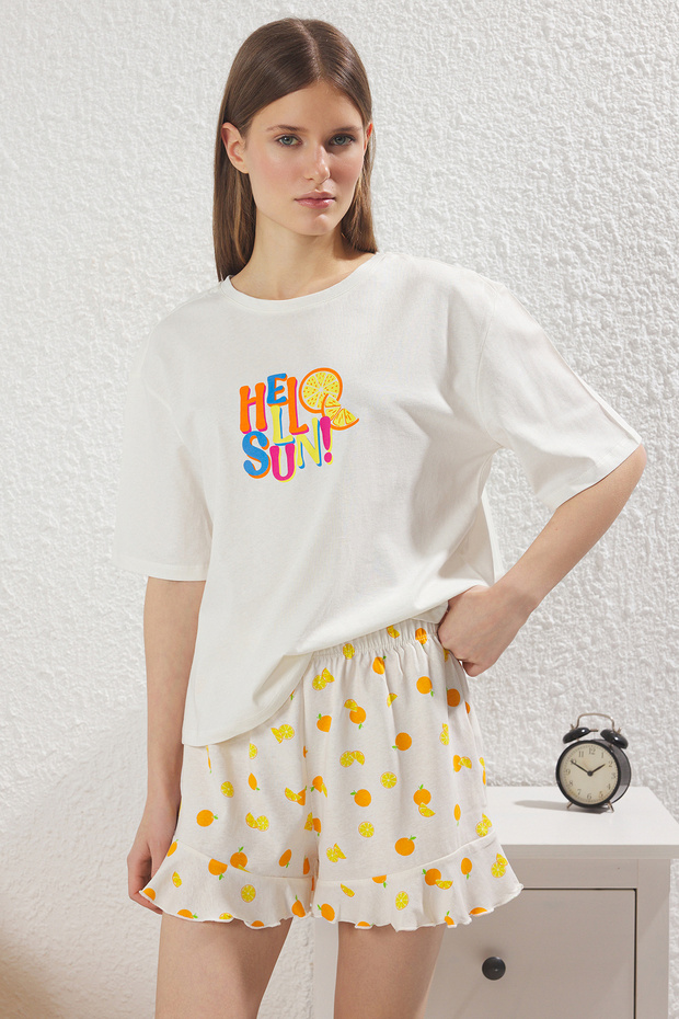 Kadın Mini Me/Anne Kız Beyaz %100 Pamuklu Meyve Desenli Şortlu Örme Pijama Takımı THMSS25PT00295 - 6